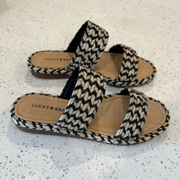 NIB Lucky Brand Size 7 Black Decime Slide Sandals Two Tone Braiding Flat - Picture 4 of 6